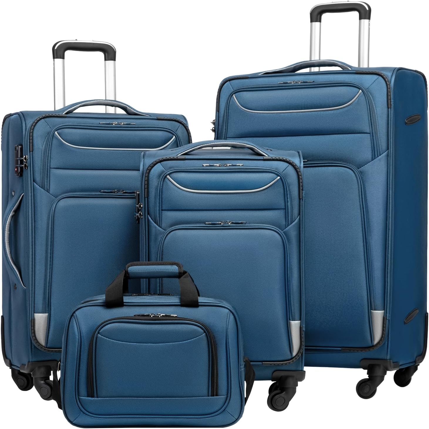 Coolife Luggage 4 Piece Set Suitcase Spinner TSA Lock Softshell lightweight (blue+sliver) 